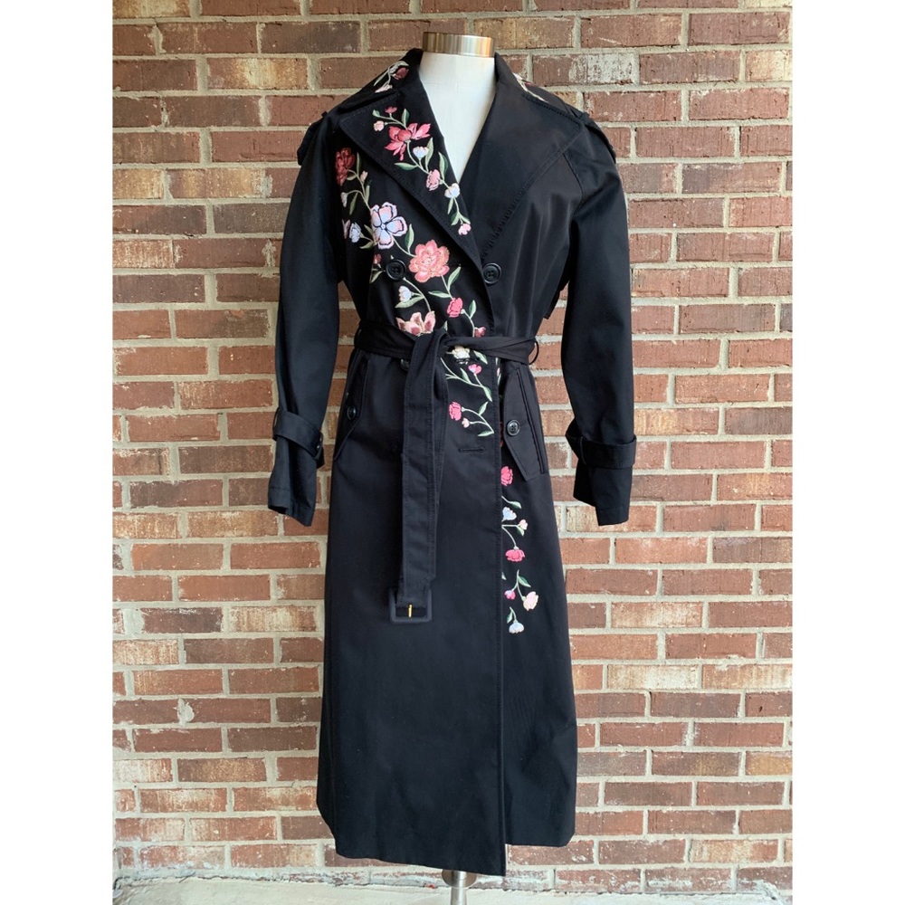 kate spade Black Trench Coat with Pink & Green Floral Embroidery